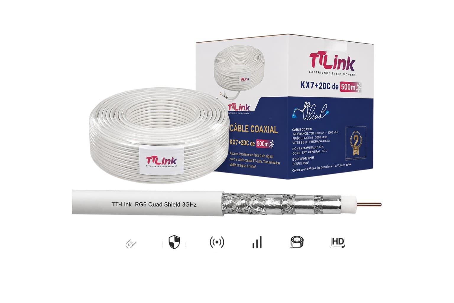 TT-Link Câble Coaxial 500 m RG6 Quad-Shield, Fil Cuivre,3 GHz, Faible Perte