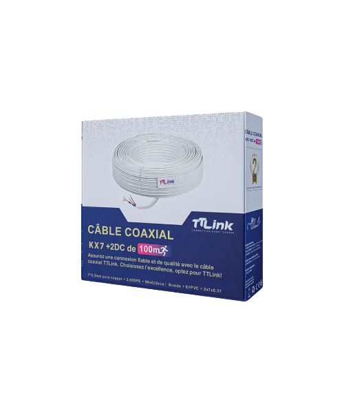 Câble Coaxial TT-LINK RG59+2DC 100M – Transmission Vidéo et Alimentation Intégrées