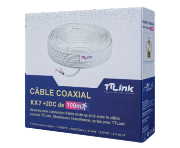 Câble Coaxial TT-LINK RG59+2DC 100M – Transmission Vidéo et Alimentation Intégrées