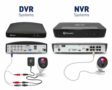 Infographie comparative illustrant la différence entre la technologie NVR, montrant des flux de données numériques, et la technologie DVR, symbolisée par des ondes analogiques, pour un système de vidéosurveillance moderne.