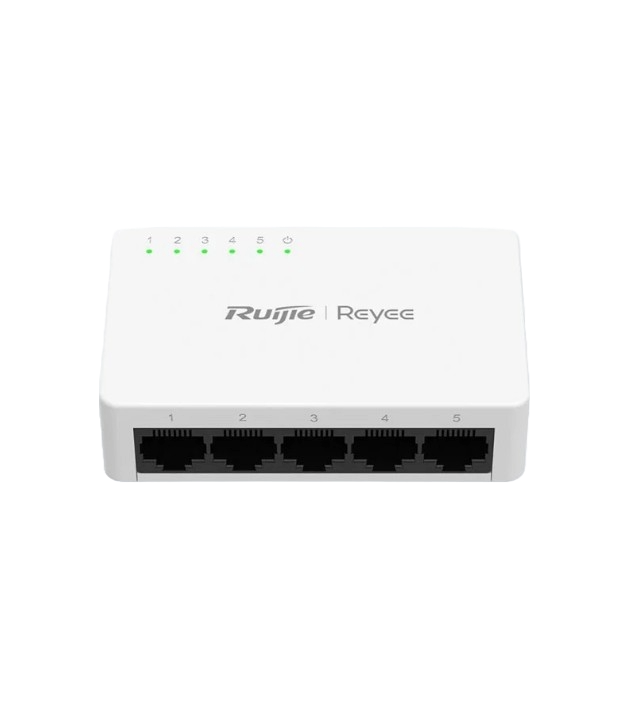 Switch de bureau blanc Ruijie Reyee RG-ES05G-L avec ses 5 ports Gigabit en façade et les indicateurs LED verts allumés.