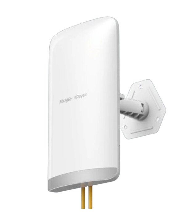 Vue de côté du pont sans fil extérieur Ruijie Reyee RG-EST350 V2, de couleur blanche, fixé sur son support de montage mural.