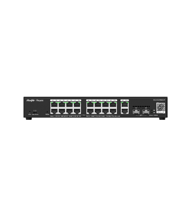 Vue de face du switch manageable Ruijie Reyee RG-ES220GS-P, montrant ses 16 ports PoE+ Gigabit, 2 ports RJ45 et 2 ports SFP pour la fibre optique.