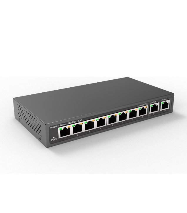 Vue de face du switch PoE+ Ruijie Reyee RG-ES110D-P, montrant ses 8 ports PoE+ 10/100Mbps et ses 2 ports Uplink Gigabit dans un boîtier métallique.