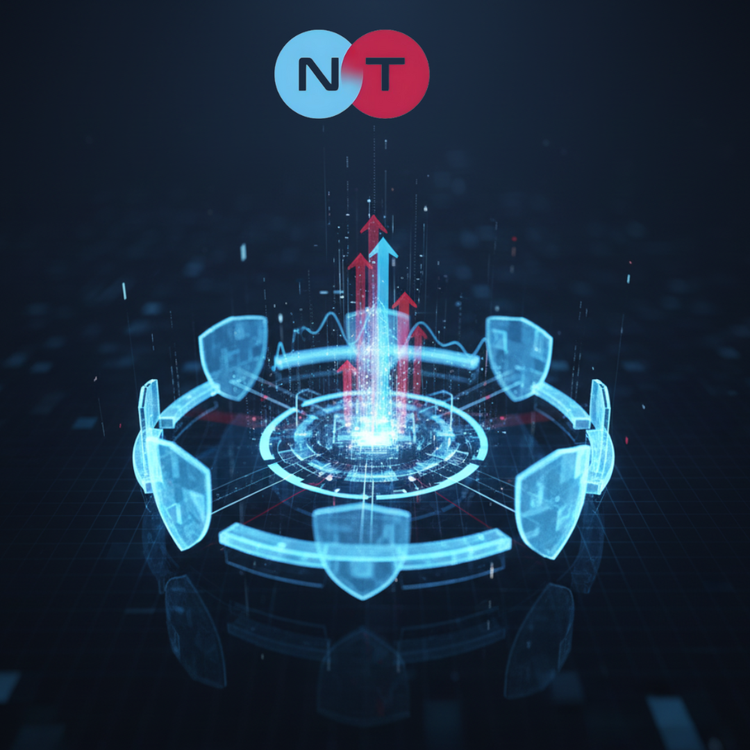 Illustration conceptuelle de la maintenance informatique Maroc : Un bouclier bleu de protection neutralisant une fissure rouge, symbolisant un problème de Garantie PC Maroc résolu par une solution New Tech.